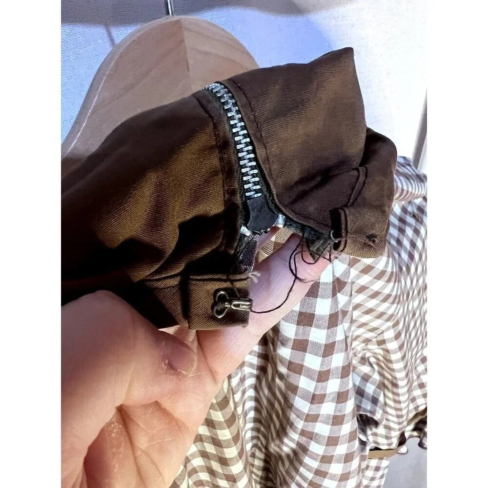 Vintage 60s 70s Brown Gingham Scoopneck Ruffle Button Midi‎ Dress